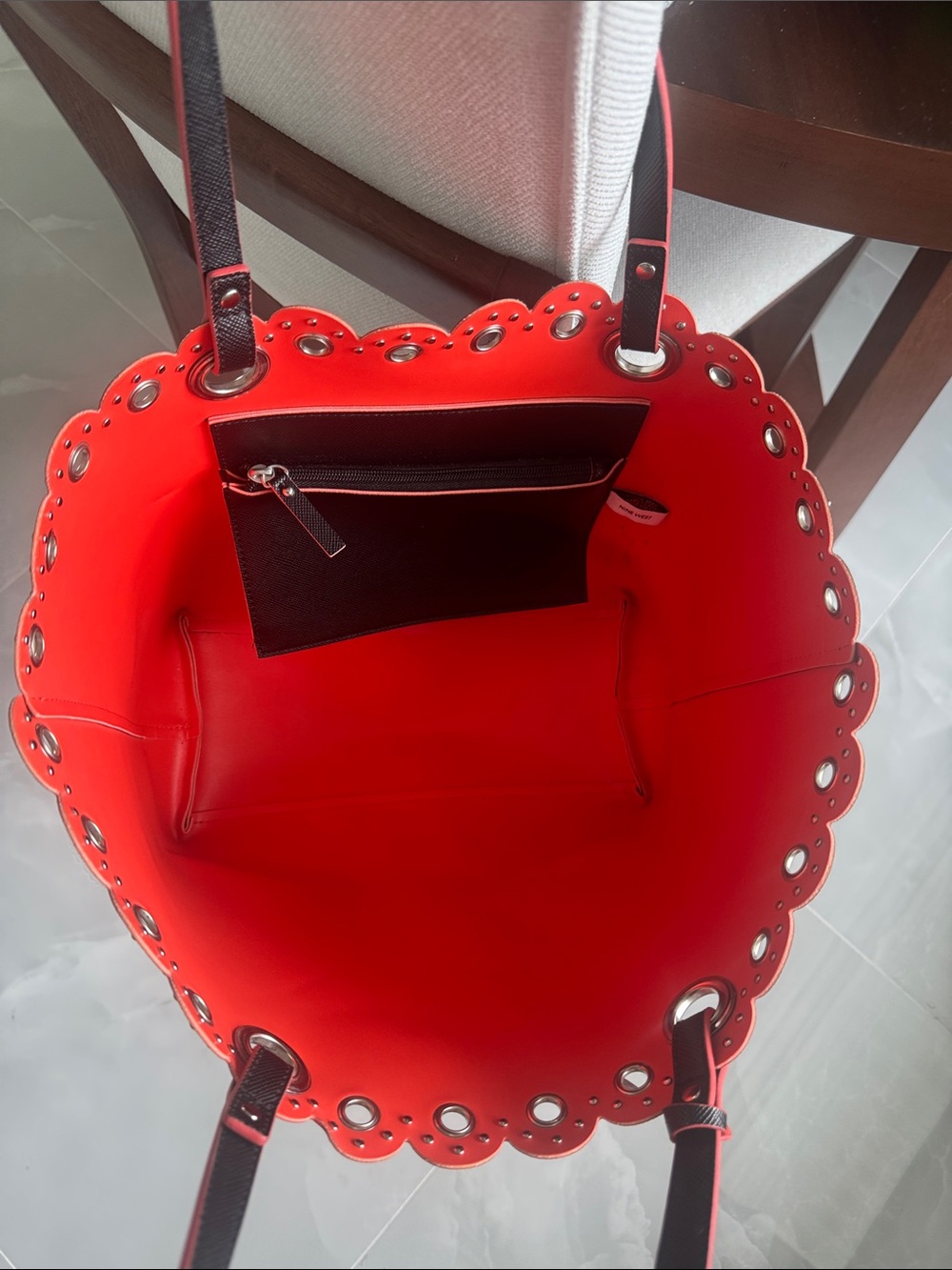 NWOT Nine West Black Tote Bag with Red/Orange Trim and scalloped studded Detail - Picture 5 of 5